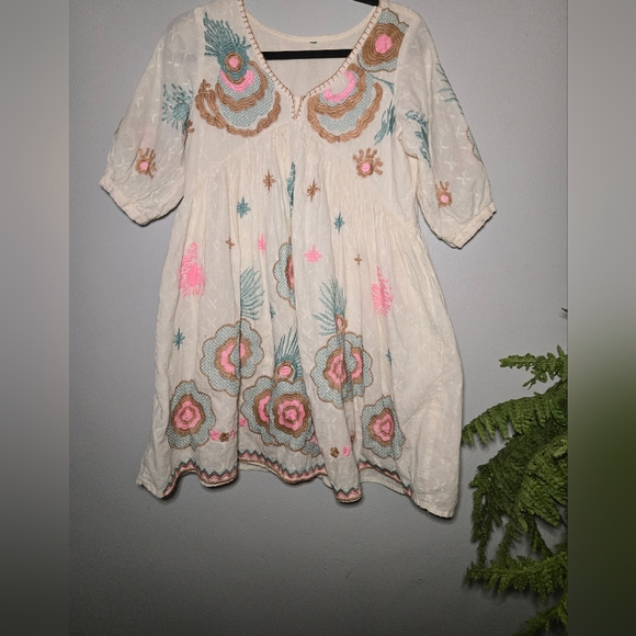 Boho Embroidered Peasant Dress – Cream Multicolor – Great Condition - Picture 2 of 5